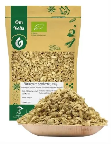 Produktbild: BIO Ingwer Stückchen Geschrotet Geschnitten | Ingwerstücke Ingwerwurzel Ginger | BIO-Qualität | Für Küche Tee Ingwer Shot Smoothie | OmVeda Gewürze (200g)