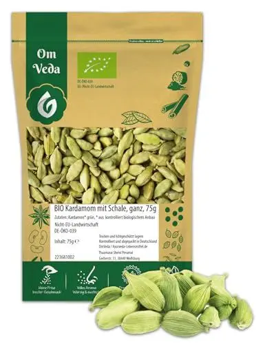 Produktbild: BIO Kardamom | Kardamomkapseln 75g Grüner Kardamom ganz mit Schale | Premium BIO-Qualität handverlesen | Organic Cardamom Elaichi | OmVeda