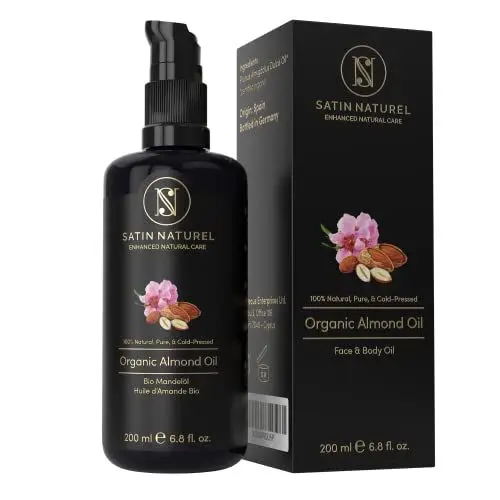 Produktbild: Mandelöl BIO kaltgepresst, naturrein - 100% Natürliches Süßes Mandelöl - Haaröl, Massageöl, Babyöl, Gesichtsöl, Body Oil - Ideal zur Babypflege - Mandelöl Baby - Bio Oil 200ml - Satin Naturel