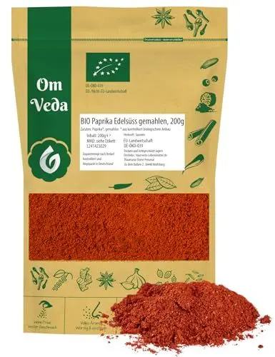 Produktbild: BIO Paprika Edelsüß Gemahlen 200g | Mild und Aromatisch | Premium BIO-Qualität Paprikagewürz | PaprikaPulver Perfekt für Gulasch, Eintöpfe | OmVeda Gewürz