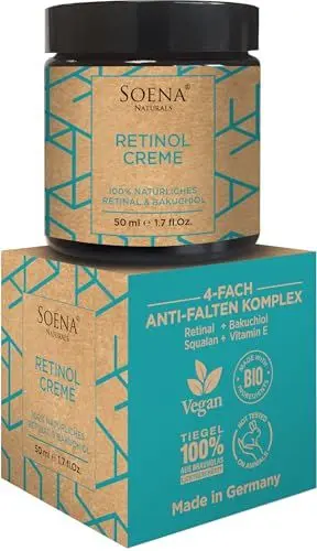 Produktbild: BIO Retinol Creme Hochdosiert + Power Wirkstoffe - Hyaluron, Bakuchiol, Vitamin C,E • Retinal Creme Gesicht von Soena - Feuchtigkeitscreme • Gegen Falten, Akne und vergrößerten Poren