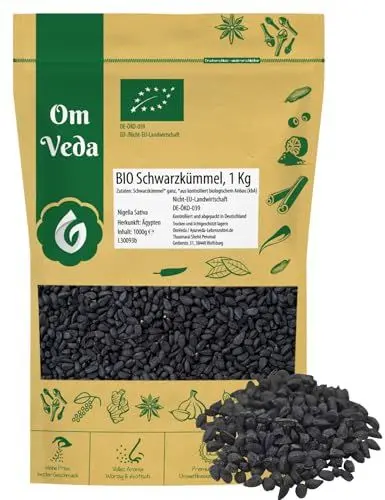 Produktbild: BIO Schwarzkümmel 1Kg Schwarzkümmelsamen ganz aus Ägypten Nigella Sativa | Organic Bio-zertifiziert DE-ÖKO-039 | Black Cumin | OmVeda Gewürze | Ideal für Küche, Tee und Öl 1000g