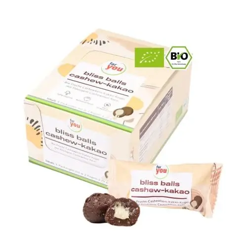 Produktbild: for you BIO bliss-balls cashew kakao - Ballaststoff-Energiebällchen aus Datteln, Rosinen, Kakaopulver, Chiasamen, Haferflocken - 6x2 Stück - Vegan, Weizenfrei, Ohne Zusatzstoffe & 100% Natürlich