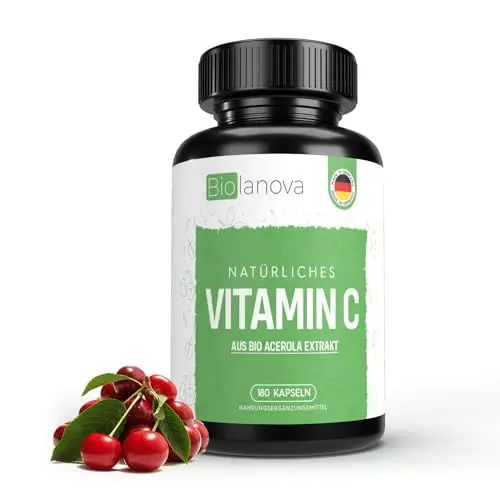 Produktbild: Bio Acerola Kapseln - Natürliches Vitamin C hochdosiert - 180 vegane Kapseln für einen 6-monatigen Vorrat - Frei von schädlichen Zusatzstoffen - Geprüft im Labor, vegan und in Deutschland produziert