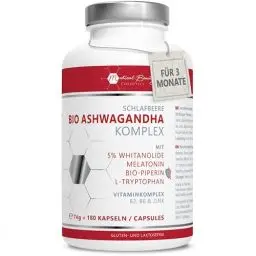 Produktbild: Ashwagandha Extrakt – 180 Kapseln hochdosiert mit patentierten KSM-66 Premiumrohstoff – Vegane Anti Stress Vitamine, laborgeprüft mit indischer Schlaf-Beere, Tryptophan, Melatonin und Magnesium