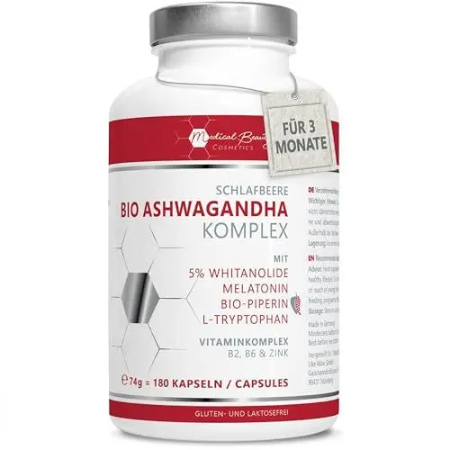 Produktbild: Ashwagandha Extrakt – 180 Kapseln hochdosiert mit patentierten KSM-66 Premiumrohstoff – Vegane Anti Stress Vitamine, laborgeprüft mit indischer Schlaf-Beere, Tryptophan, Melatonin und Magnesium