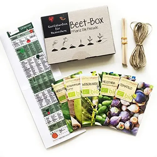 Produktbild: Bio Beet Box - Raritätenbox für Besondere - Saatgut Set inklusive Pflanzkalender und Zubehör - Geschenkidee für Hobbygärtner