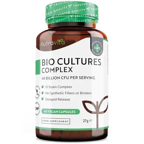 Produktbild: Bio Cultures Komplex – 40 Mrd KbE pro Tagesdosis mit 15 Bakterienstämmen – Hochdosiert Vegane Probiotikum Kapseln mit hoher Wirksamkeit und intensivem Wirkstoffgehalt – Hergestellt von Nutravita