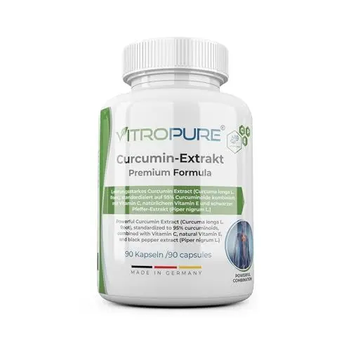 Produktbild: Bio- Curcumin-Extrakt 95%, Pfeffer-Extrakt 98% - Vitamin C, natürliches Vitamin E, 3-Monats-Vorrat