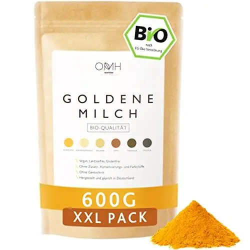 Produktbild: Bio Goldene Milch 600g I Kurkuma Ashwagandha Ingwer Triphala Ceylon Zimt Pfeffer Pulver Golden Milk Ayurveda Fertigmischung
