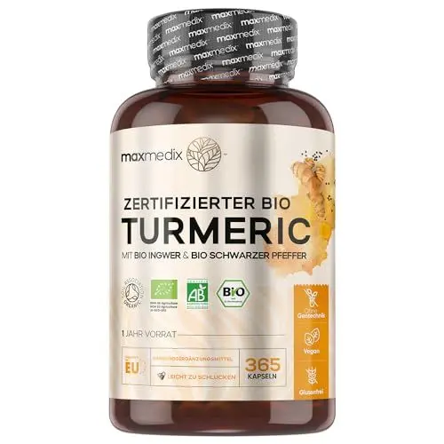 Produktbild: Bio Kurkuma Kapseln - 365 Turmeric Capsules - 1 Jahr Vorrat - Curcuma Pulver mit Ingwer & Schwarzer Pfeffer - Vegan - Bio Zertifiziert - WeightWorld