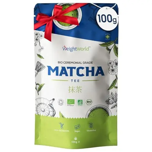 Produktbild: Bio Matcha Pulver - 100g Japanischer Matcha Tee - Grünteepulver für Latte, Smoothies & Saft - Ceremonial Grade - Natürliches, reines Pulver - Vegan, Glutenfrei & Laktosefrei - WeightWorld