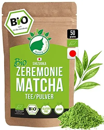 Produktbild: Bio Zeremonie Matcha Tee Pulver aus SHIZUOKA Japan 50g | Matcha Ceremonial Grade 1. Ernte | handgepflückt & per Granitsteinmühle zu Grüntee-Pulver vermahlen | 100% natürlich