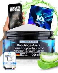 Produktbild: BIO-Aloe-Vera Feuchtigkeitscreme Gesicht Männer & After Shave Herren - riesige 100ml Made in Germany - Gesichtspflege vegan, Gesichtscreme Männer - Hyaluron, Panthenol, Silber, Geschenke für Männer
