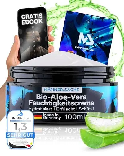 Produktbild: BIO-Aloe-Vera Feuchtigkeitscreme Gesicht Männer & After Shave Herren - riesige 100ml Made in Germany - Gesichtspflege vegan, Gesichtscreme Männer - Hyaluron, Panthenol, Silber, Geschenke für Männer