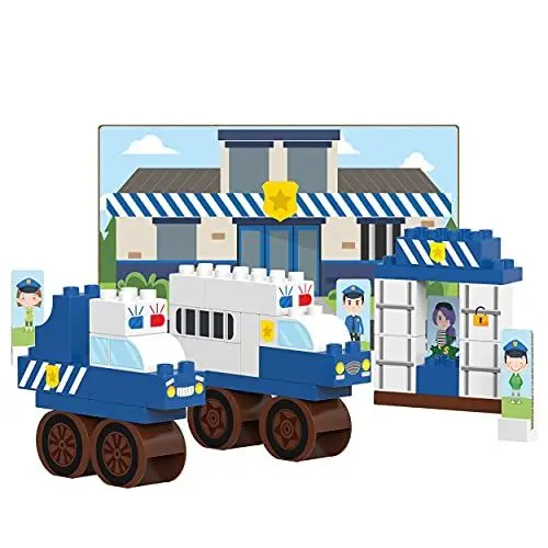 Produktbild: BiOBUDDi BB-0129 - Bausatz Polizeiwache, biologische Bausteine zum Stecken, kompatibel zu anderen Marken, hergestellt aus Bio Kunststoff, 32 Klemmbausteine, Spielhintergrund und Pappspielfiguren