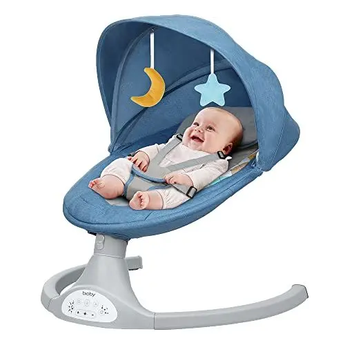 Produktbild: Bioby Elektrische Babywippe | Babyschaukel mit 5-Punkt-Gurt & 5 Schaukelmodi, Leicht & Sicher Wippe Baby Elektronisch mit Bluetooth-Musik & Fernbedienung, für 0-6 Monate (2-9 kg), Blau