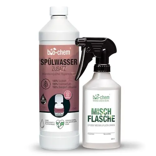 Produktbild: bio-chem Bio Spülwasser-Zusatz 1 L Konzentrat + Sprühflasche für Spülkasten I WC-Reiniger Rinse Flush für Campingtoilette, Chemietoilette