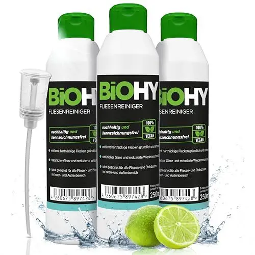 Produktbild: BIOHY Fliesenreiniger (3 x 250ml) + Dosierer | Bio Reiniger für Wand- & Bodenfliesen Aller Art | Intensiver Kalkentferner | Streifenfreie Reinigung für Wohnzimmer, Küche & Bad | Innen & Außenbereich
