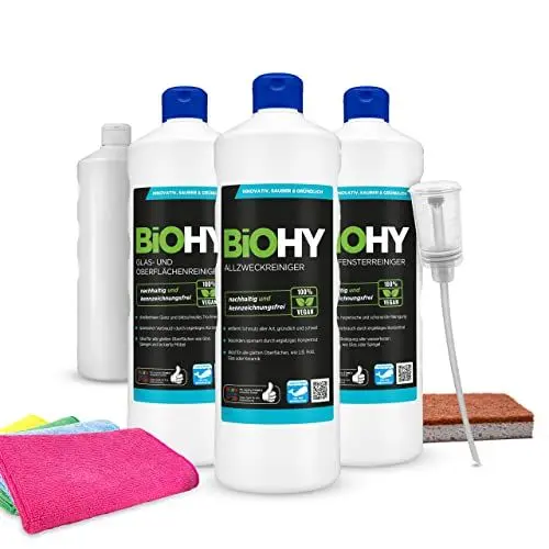 Produktbild: BiOHY Glas und Oberflächen-, Fenster-, Allzweckreiniger Komplett Set Konzentrat für Fließen/PVC/Laminat, Glanzreiniger, ALKOHOLREINIGER, Boden, Profi Bio-Reiniger - Bio Reinigungsmittel