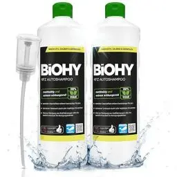 Produktbild: BiOHY KFZ Autoshampoo (2 x 1 liter) + Dosierer | Bio Autoreiniger schützt Lack vor Schmutz von Außen | biologisch abbaubares Reinigungsmittel | für Hochdruckreiniger geeignet | kraftvolles Konzentrat