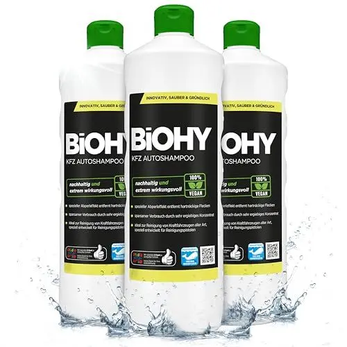 Produktbild: BIOHY KFZ Autoshampoo (3 x 1 Liter) | Bio Autoreiniger schützt Lack vor Schmutz von Außen | biologisch abbaubares Reinigungsmittel | für Hochdruckreiniger geeignet | kraftvolles Konzentrat