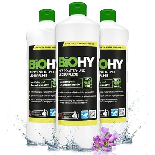 Produktbild: BIOHY KFZ Polster- & Lederpflege (3 x 1 Liter) | KFZ- Innenraum Aufbereitung & Lederpflege | hinterlässt angenehmen Geruch | Fleckenentferner für Autositze | ideal für Reinigungspistolen