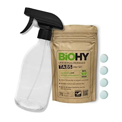 Produktbild: BiOHY Universalreiniger Putzmittel Tabs (24er-Set) + Glas Sprühflasche | nachhaltige Allzweck-Tabletten zum Auflösen | Haushaltsreiniger | mikroplastikfrei | Küchen-, Bad- & Glasreiniger