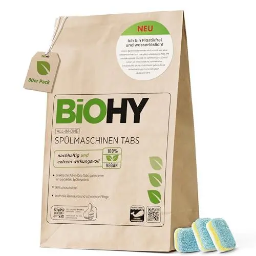 Produktbild: BiOHY All-in-One Spülmaschinen Tabs (80 Tabs) | Phosphatfrei |Für die tägliche Reinigung von Geschirr & Besteck | Gegen hartnäckigste Fett- & Essensreste | Kraftvolle Öko Geschirrspültabs