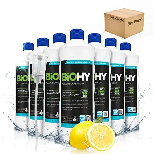 Produktbild: BiOHY Allzweckreiniger Konzentrat (9 x 1 Liter) + Dosierer | Bio Allesreiniger für Boden und Haushalt | Kalkreiniger Konzentrat mit universaler Anwendung | schnell und effektiv