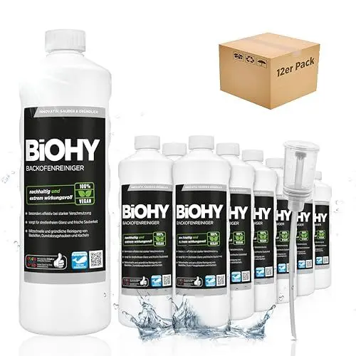 Produktbild: BiOHY Backofenreiniger Hochkonzentrat (12 x 1 Liter) + Dosierer | Bio Reiniger & Fettlöser | EXTRA STARK | löst hartnäckige Verkrustungen & Fett| für Backöfen & Mikrowellen | effektive Ofenreinigung