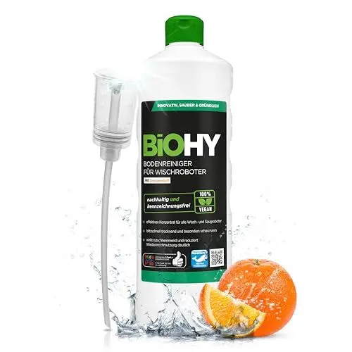 Produktbild: BiOHY Bodenreiniger für alle Wischroboter mit Orangenduft (1l Flasche) + Dosierer | Schaumarm & Streifenfrei | Reinigungsmittel Konzentrat für alle Böden