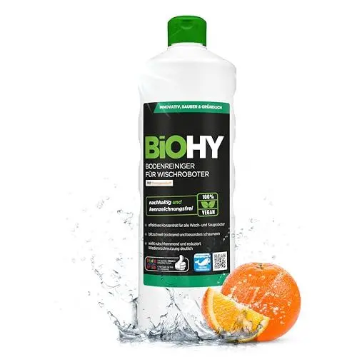 Produktbild: BiOHY Bodenreiniger für alle Wischroboter mit Orangenduft (1l Flasche) | Schaumarm & Streifenfrei | Reinigungsmittel Konzentrat für alle Böden