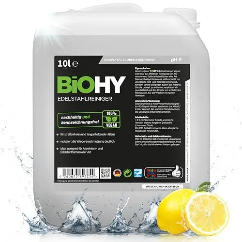 Produktbild: BiOHY Edelstahlreiniger (10 Liter Kanister) | Edelstahlpflege für streifenfreien Glanz | ideal für Küche, Töpfe oder Grill | Edelstahl reinigen in Gastronomie & Haushalt | pflegendes Putzmittel
