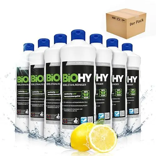 Produktbild: BiOHY Edelstahlreiniger (9 x 1 Liter) | Edelstahlpflege für streifenfreien Glanz | ideal für Küche, Töpfe oder Grill | Edelstahl reinigen in Gastronomie & Haushalt | pflegendes Putzmittel