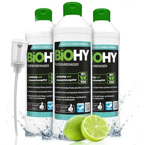 Produktbild: BiOHY Fliesenreiniger (3 x 500ml) + Dosierer | Bio Reiniger für Wand- & Bodenfliesen aller Art | Intensiver Kalkentferner | Streifenfreie Reinigung für Wohnzimmer, Küche & Bad | Innen & Außenbereich