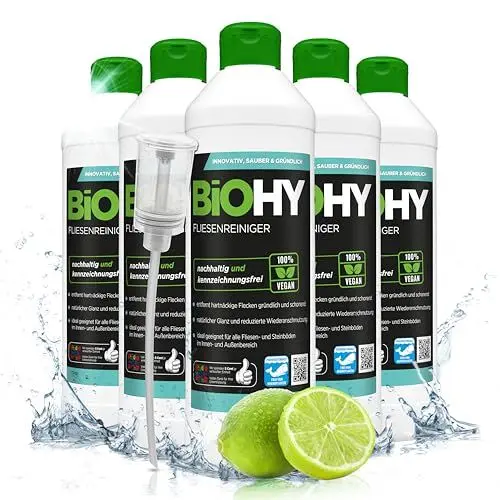 Produktbild: BiOHY Fliesenreiniger (6 x 500ml) + Dosierer | Bio Reiniger für Wand- & Bodenfliesen aller Art | Intensiver Kalkentferner | Streifenfreie Reinigung für Wohnzimmer, Küche & Bad | Innen & Außenbereich