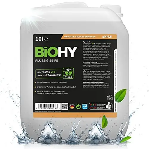 Produktbild: BiOHY Flüssig Seife (10 Liter Kanister) | Hautschonende, rückfettende & flüssige Handseife | PHOSPHATFREI | geruchsneutrale Hygiene | auch für das Gesicht geeignet | ohne Parfüm & Farbstoffe