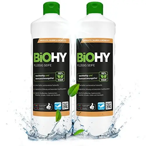 Produktbild: BiOHY Flüssig Seife (2 x 1 liter) | Hautschonende, rückfettende & flüssige Handseife | PHOSPHATFREI | geruchsneutrale Hygiene | auch für das Gesicht geeignet | ohne Parfüm & Farbstoffe