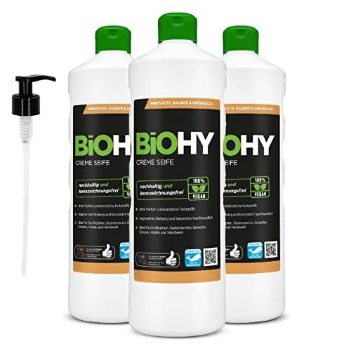 Produktbild: BiOHY Flüssig Seife (3 x 1 Liter) + Pumpspender | Hautschonende, rückfettende & flüssige Handseife | PHOSPHATFREI | geruchsneutrale Hygiene | auch für das Gesicht geeignet | ohne Parfüm & Farbstoffe