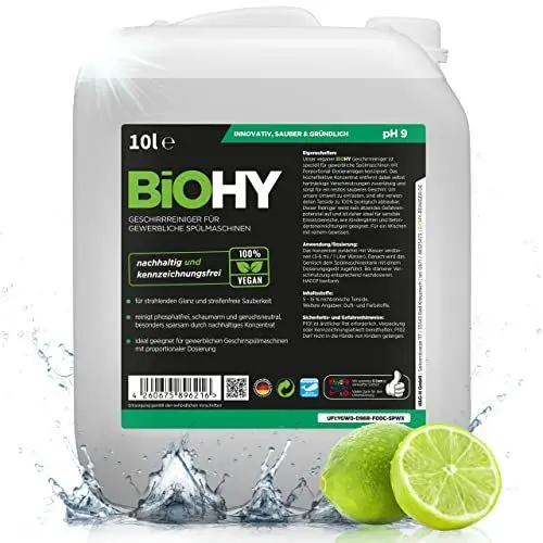 Produktbild: BiOHY Geschirrreiniger für gewerbliche Spülmaschinen (10 Liter Kanister) | Maschinenspülmittel für Geschirr | ergiebig, flüssig & phosphatfrei | für Gastro & Gewerbe | Spülmaschinenreiniger