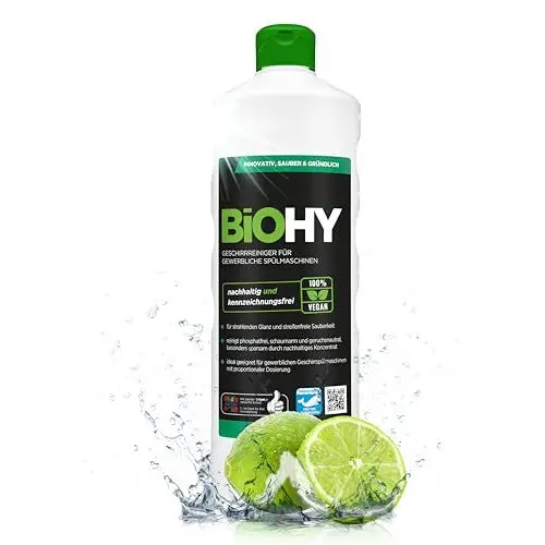 Produktbild: BIOHY Geschirrreiniger für gewerbliche Spülmaschinen (1l Flasche) | PHOSPHATFREI |Konzentrat für Gastronomie | strahlender Glanz durch herausragende Fettlöseformel