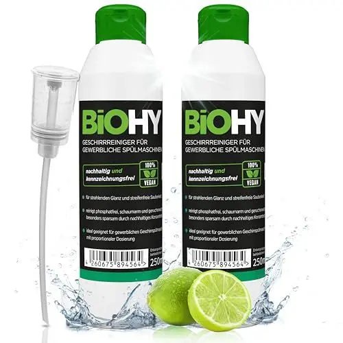 Produktbild: BiOHY Geschirrreiniger für gewerbliche Spülmaschinen (2 x 250ml) + Dosierer | Maschinenspülmittel für Geschirr |ergiebig, flüssig & phosphatfrei | für Gastro & Gewerbe | Spülmaschinenreiniger