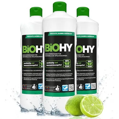 Produktbild: BiOHY Geschirrreiniger für gewerbliche Spülmaschinen (3 x 1 Liter) | Maschinenspülmittel für Geschirr | ergiebig, flüssig & phosphatfrei | für Gastro & Gewerbe | Spülmaschinenreiniger