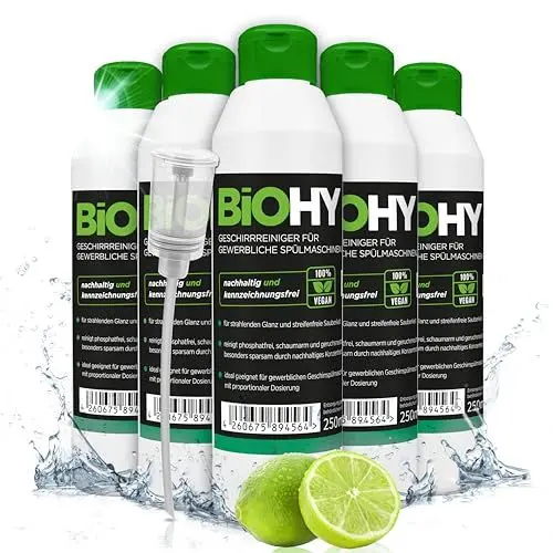 Produktbild: BiOHY Geschirrreiniger für gewerbliche Spülmaschinen (6 x 250ml) + Dosierer | Maschinenspülmittel für Geschirr |ergiebig, flüssig & phosphatfrei | für Gastro & Gewerbe | Spülmaschinenreiniger