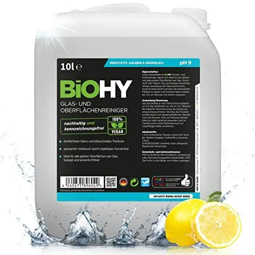 Produktbild: BiOHY Glas- und Oberflächenreiniger (10 Liter Kanister) | Glasreiniger Konzentrat für streifenfreien Glanz | ergiebiger Glas & Kunststoffreiniger | Fettlöser & Kalkreiniger | ideal für Fenster & Küche