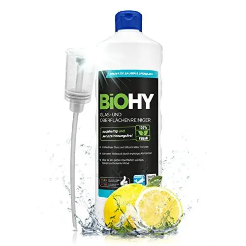 Produktbild: BiOHY Glas- und Oberflächenreiniger (1l Flasche) + Dosierer | Glasreiniger Konzentrat für streifenfreien Glanz | ergiebiger Glas & Kunststoffreiniger | Fettlöser & Kalkreiniger