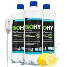 Produktbild: BiOHY Glas- und Oberflächenreiniger (3 x 1 Liter) + Dosierer | Glasreiniger Konzentrat für streifenfreien Glanz | ergiebiger Glas & Kunststoffreiniger | Fettlöser & Kalkreiniger