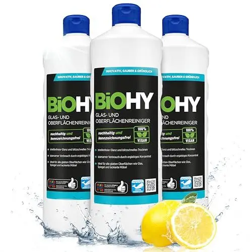 Produktbild: BiOHY Glas- und Oberflächenreiniger (3 x 1 Liter) | Glasreiniger Konzentrat für streifenfreien Glanz | ergiebiger Glas & Kunststoffreiniger | Fettlöser & Kalkreiniger | ideal für Fenster & Küche