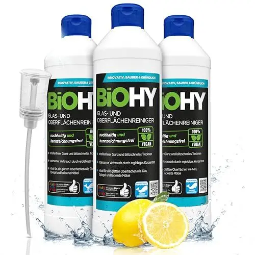 Produktbild: BiOHY Glas- und Oberflächenreiniger (3 x 500ml) + Dosierer | Glasreiniger Konzentrat für streifenfreien Glanz | ergiebiger Glas & Kunststoffreiniger | Fettlöser & Kalkreiniger